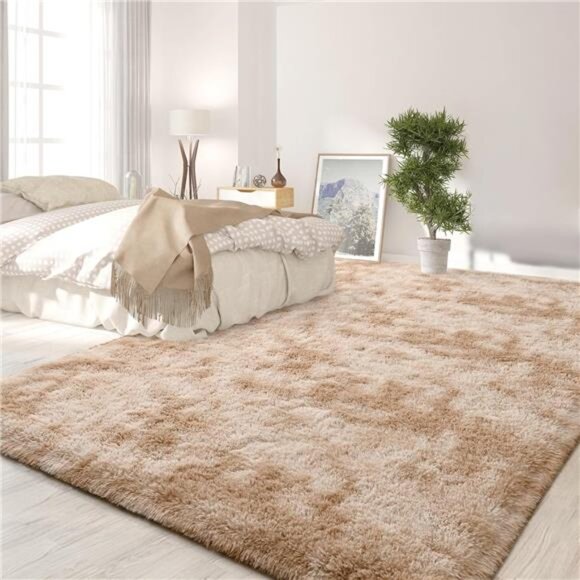 8x10 Feet Large Area Rugs for Living Room,Tie-Dyed Beige Shaggy Rug Fluffy Throw - Picture 3 of 7